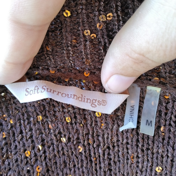 Soft Surroundings Chocolate Brown Gold Sequin Open Knit V Neck Size Medium - Picture 8 of 9